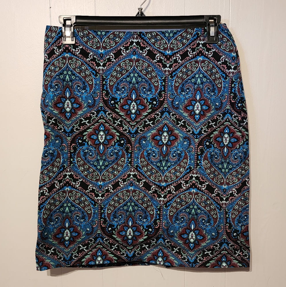 Talbots Petites Skirt Size 12P Straight Pencil Knee Length Paisley Blue B200
